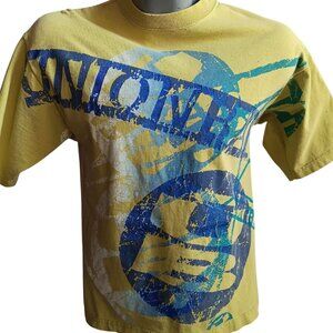 Vintage 90's Mens Small T-Shirt Unionbay Graphic Yellow AOP Crackle Trashed